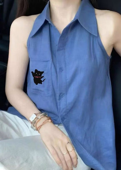 Chic Blue Peter Pan Collar Button Cotton Shirt Tops Sleeveless
