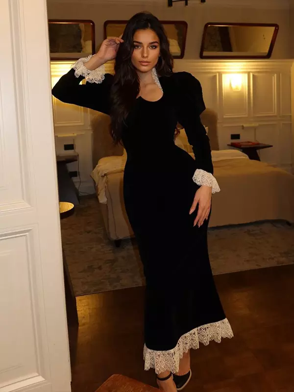 Sexy Open Collar Slim Lace Trim French Dress