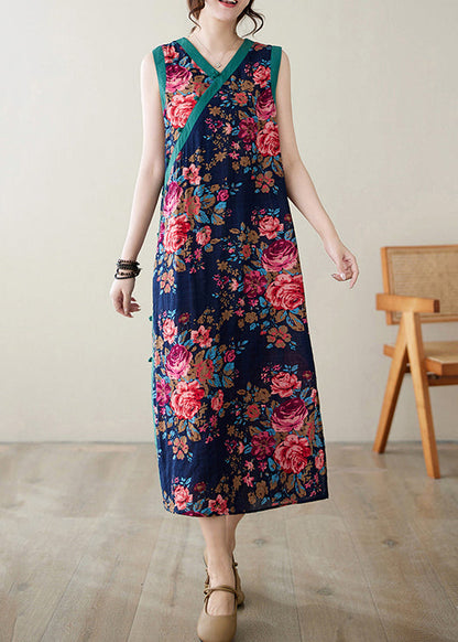 Ethnic Style Navy Print Side Open Linen Dresses Sleeveless