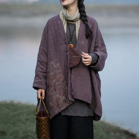 Winter Retro Embroidery Cotton Linen Loose Coat