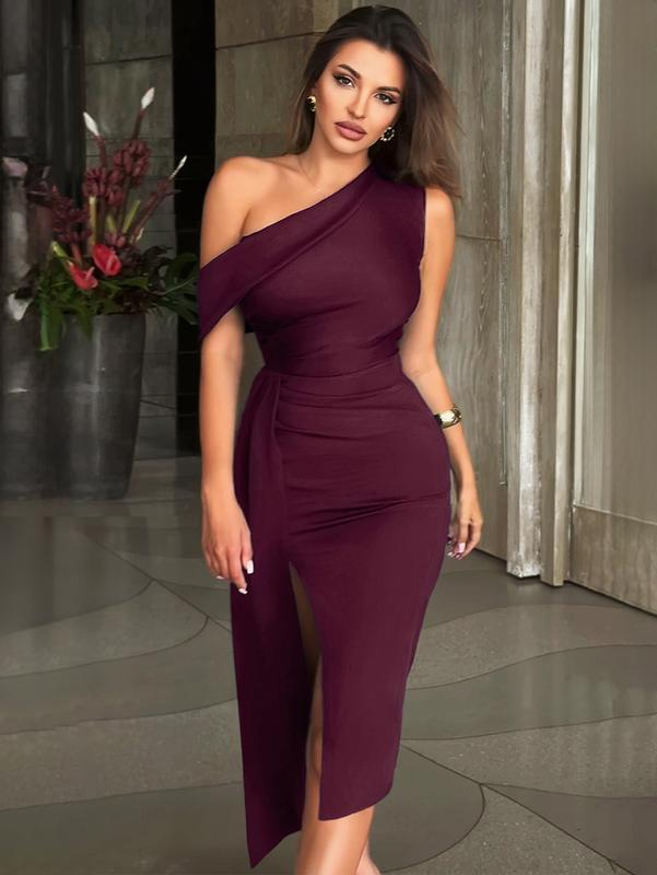 Burgundy One-Shoulder Ruched Slit Midi Dress | Sexy Queen Style Bodycon Evening Gown