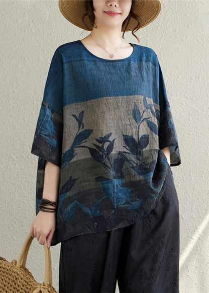 Vintage Navy Oversized Print Linen Tanks Summer