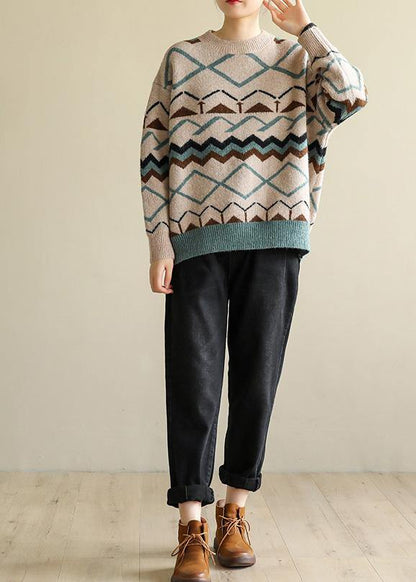 Pullover o neck khaki Geometry knitwear casual wild knit top silhouette