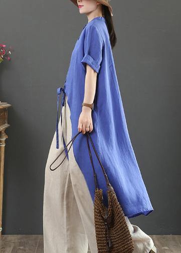 Women blue linen clothes stand collar asymmetric Knee blouses