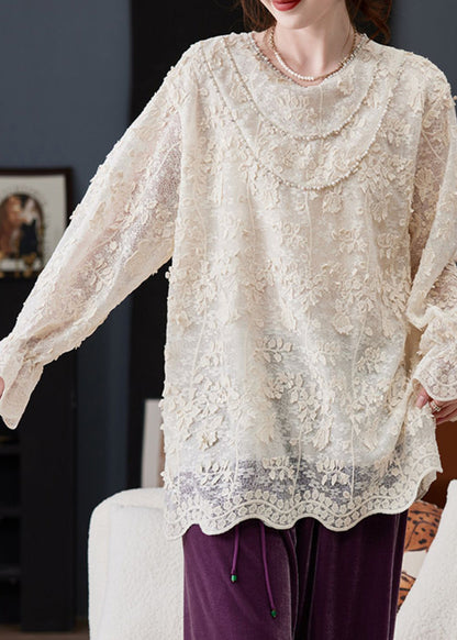 Loose Beige O-Neck Sequins Nail Bead Shirt Spring