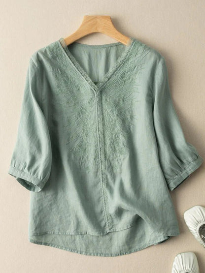 Embroidered V Neck 3/4 Sleeve Casual Linen Tee Top