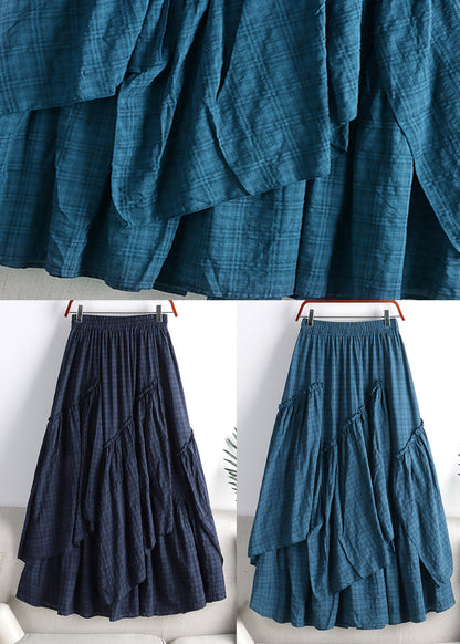 Vintage Light Blue Asymmetrical Plaid Patchwork A Line Skirt Spring