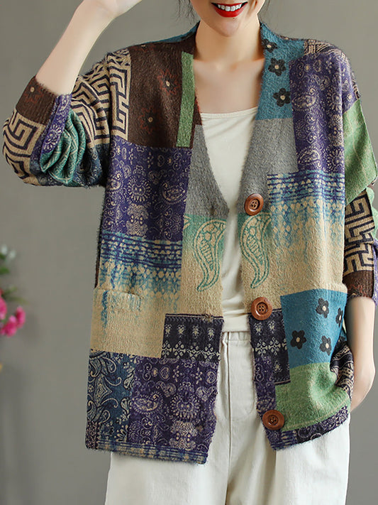 Plus Size - Pocket Stitching V Neck Long Sleeve Sweater Coat