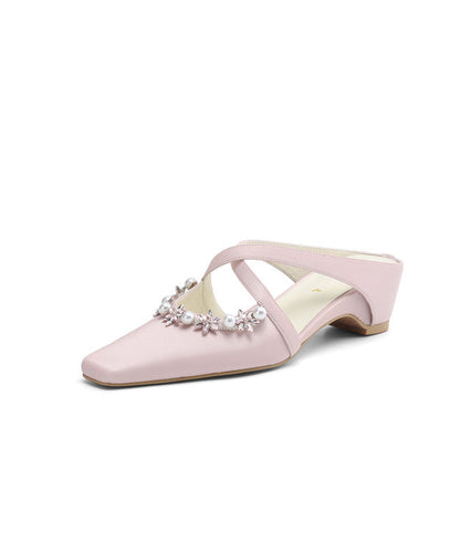 Pink Wedge Sheepskin Elegant Splicing Slide Sandals Zircon Nail Bead