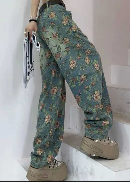 Fashion Tea Green Oversized Print Denim Pants Fall