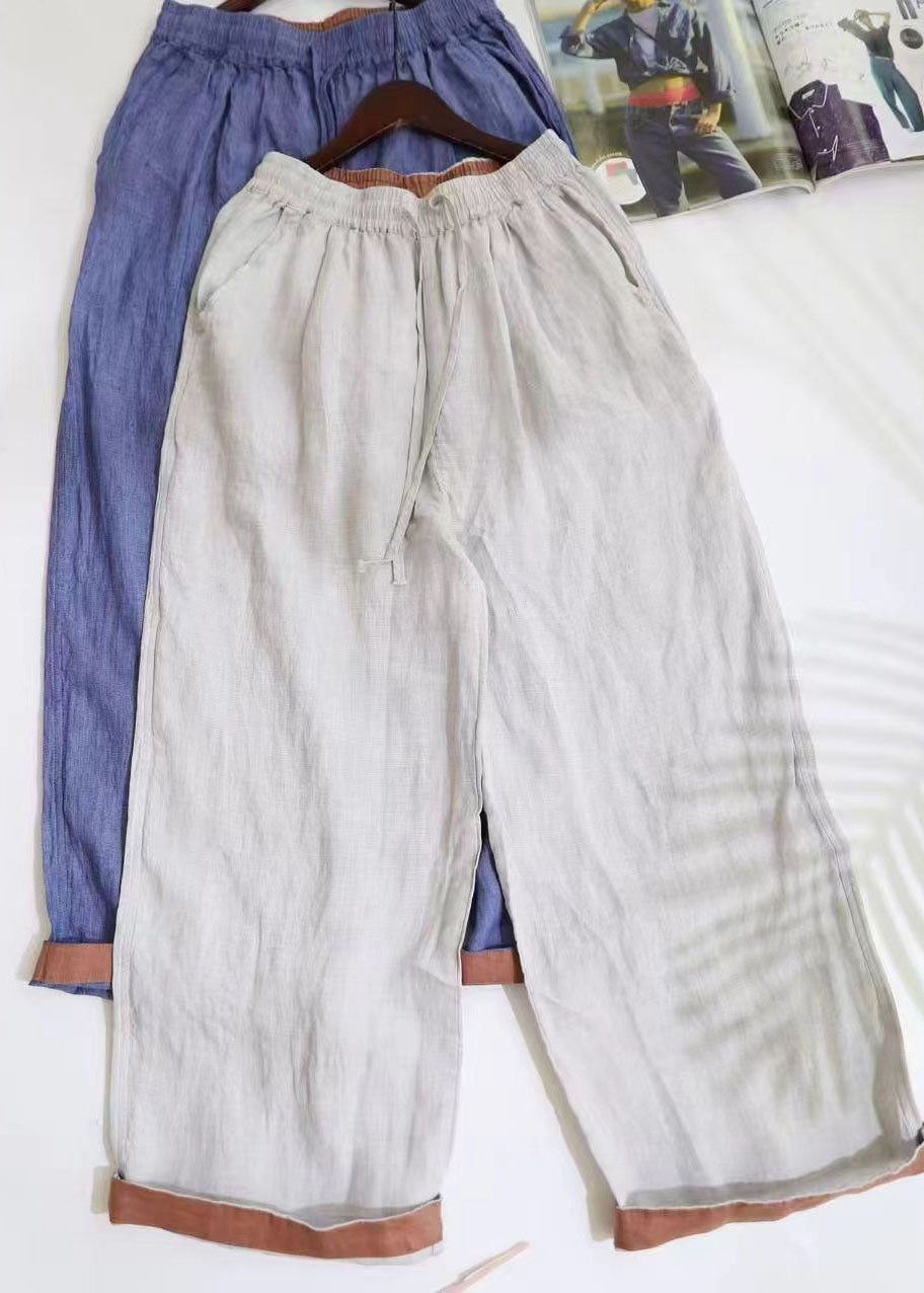 Vintage Blue Oversized Linen Straight Pants Summer