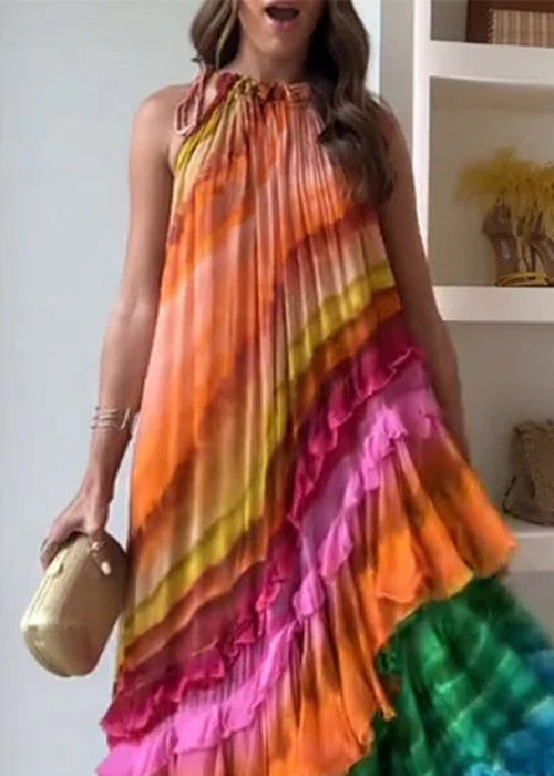 Beautiful Rainbow Wrinkled Lace Up Cotton Maxi Dresses Sleeveless