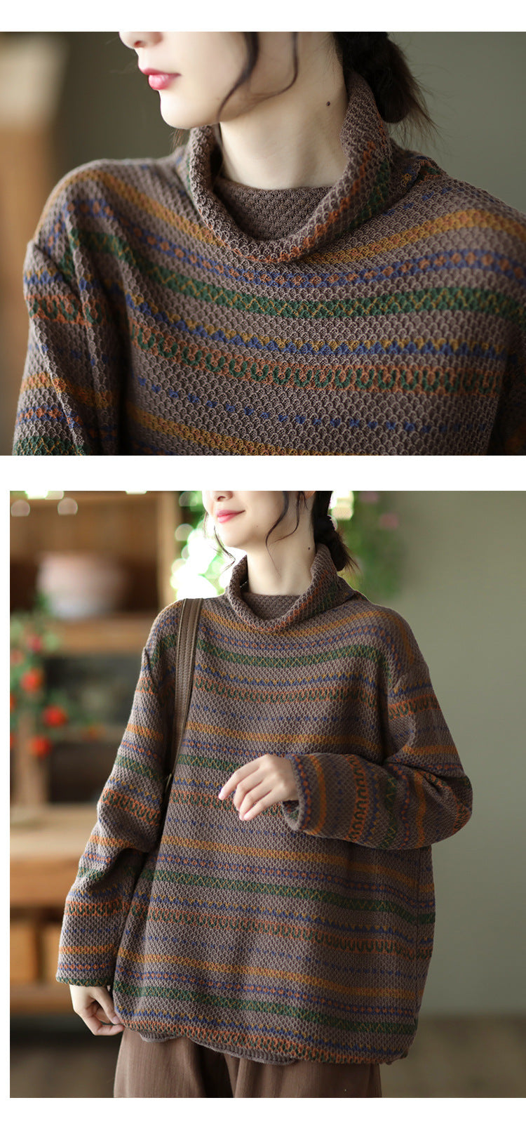 Vintage Cotton Knit Jacquard Turtleneck