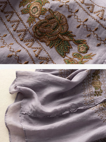Embroidered Crew Neck 3/4 Sleeve Casual Linen Top