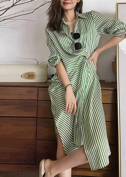 Women Green Peter Pan Collar Striped Cotton Shirts Dresses Fall