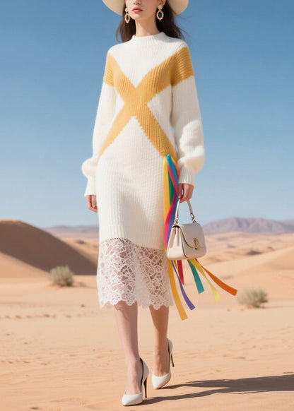 Boho White Lace Patchwork Warm Knitwear Dress Winter