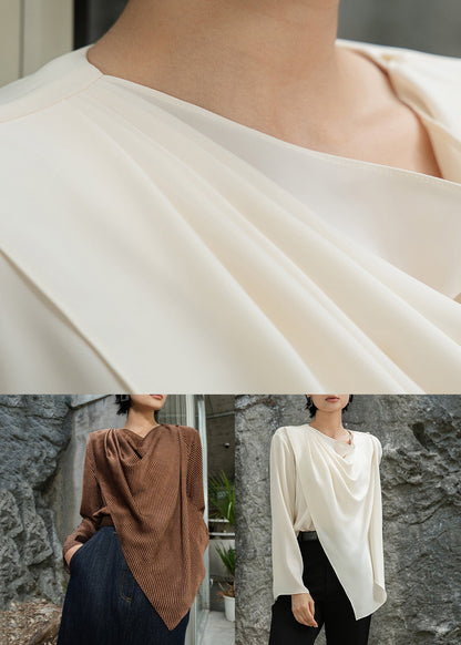 Apricot Asymmetrical Wrinkled Solid Cotton Shirts O-Neck