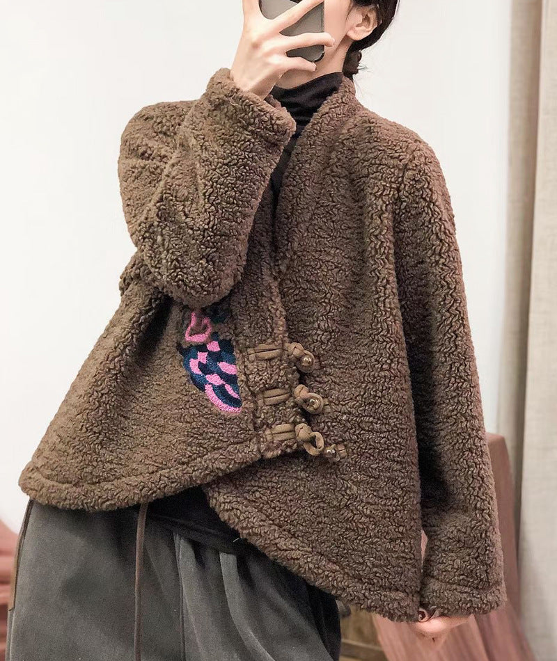 Ethnic Embroidered V-Neck Sherpa Wool Jacket