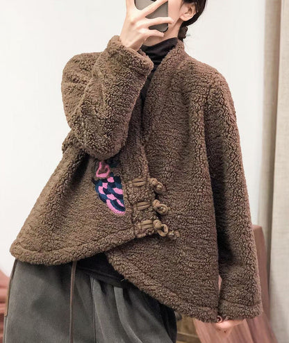Ethnic Embroidered V-Neck Sherpa Wool Jacket