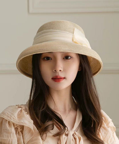 French Apricot Bow Straw Woven Bucket Hat