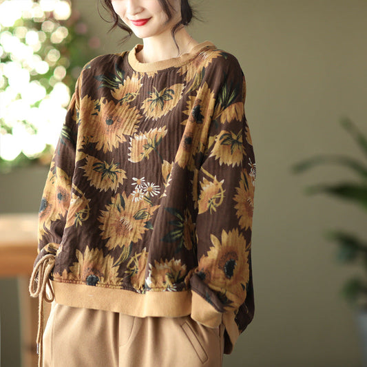 Large Size Slim Round Neck Printed Retro Casual Loose Sweater