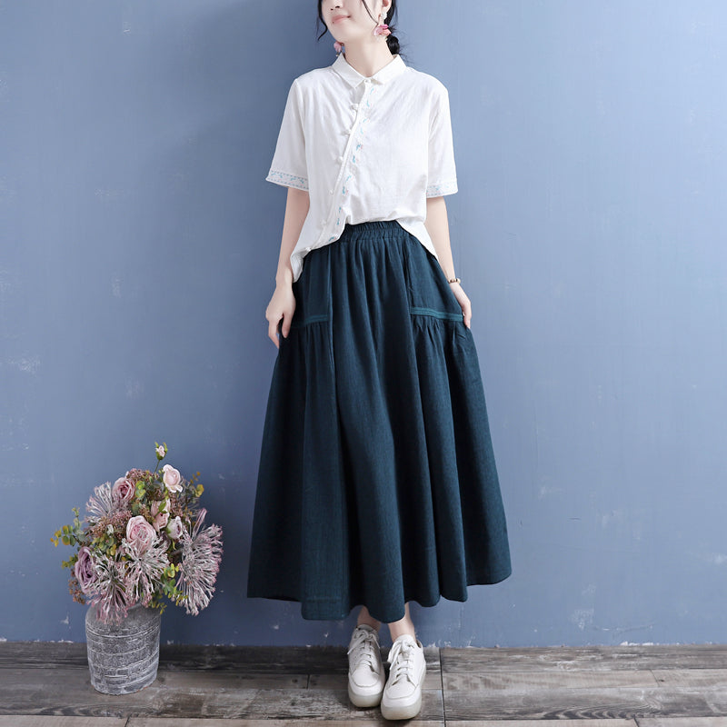 Women Retro Cotton Linen Autumn Pleated Skirt
