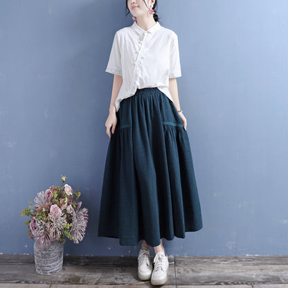 Women Retro Cotton Linen Autumn Pleated Skirt