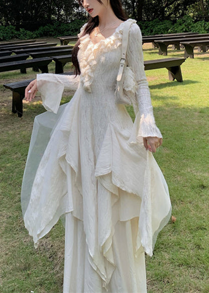 Bohemian Beige Asymmetrical Ruffled Tulle Patchwork Cotton Dresses Flare Sleeve
