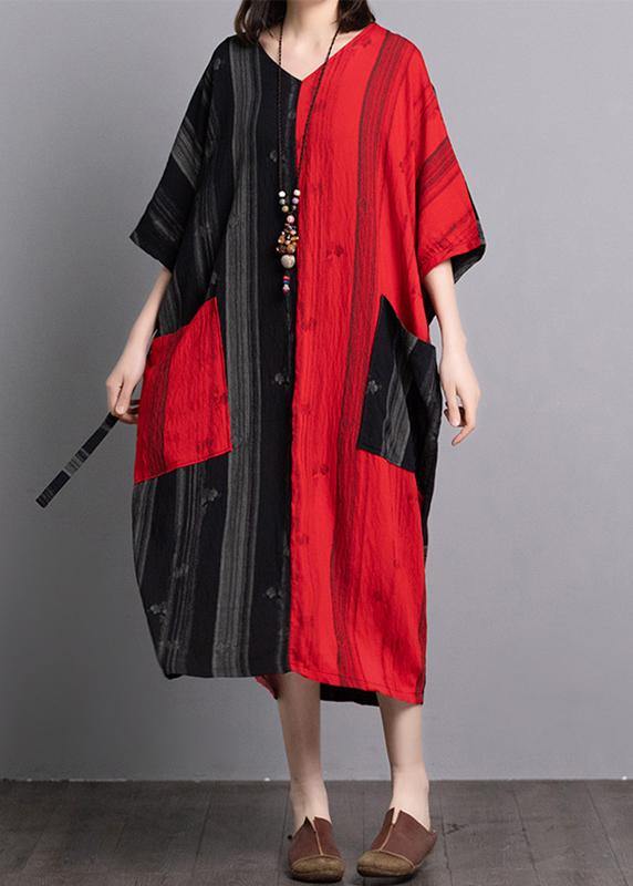 Classy v neck pockets linen outfit Sewing black red patchwork Dresses summer