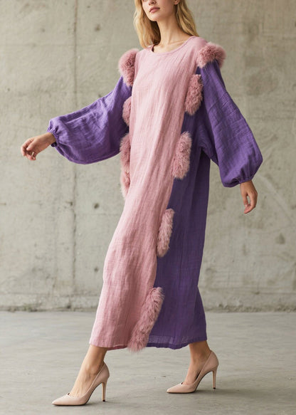 Chic Pink Oversized Patchwork Faux Fur Cotton Party Dress Lantern Sleeve