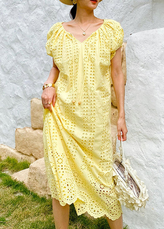 Boutique Yellow O-Neck Hollow Out Knitted Cotton Long Dress Summer