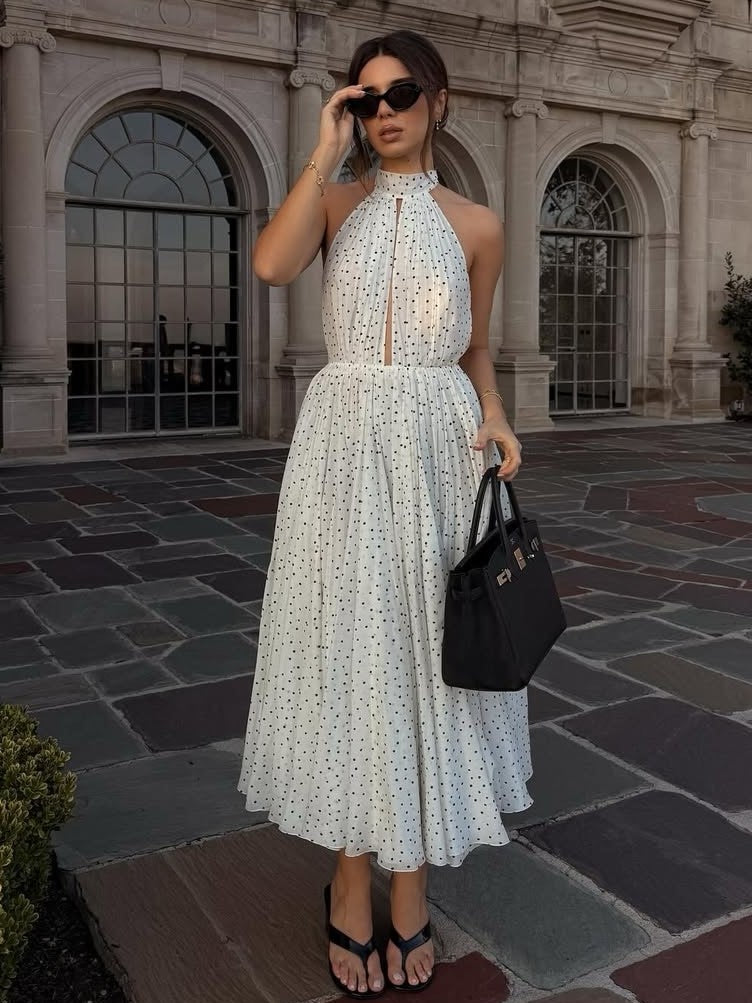 Polka Dot Halter Open Back Flowy A-line Maxi Dress