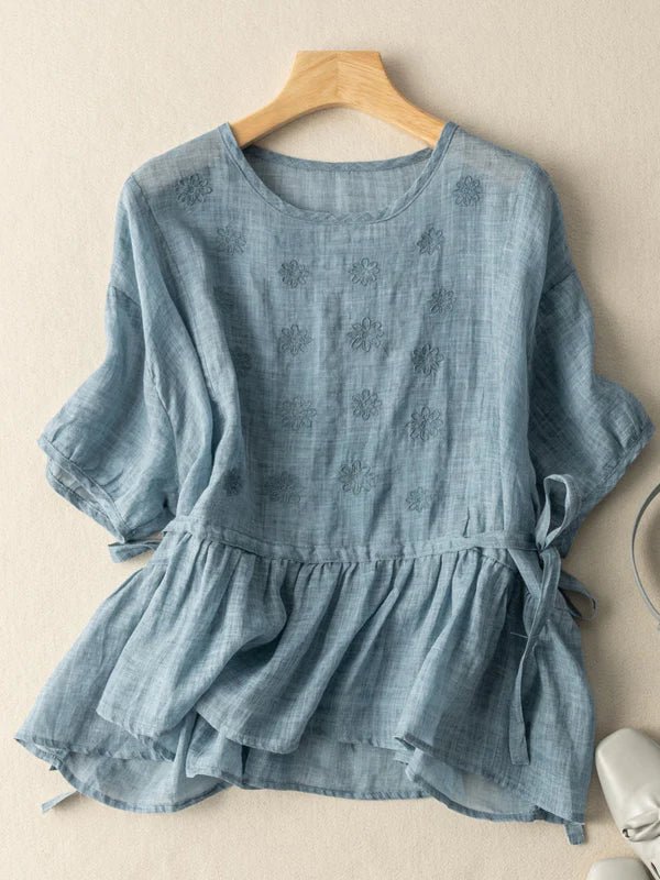 Embroidered Crew Neck Half Sleeve Casual Linen Top