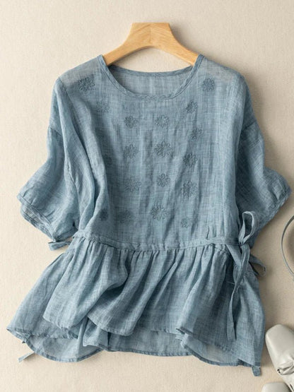 Embroidered Crew Neck Half Sleeve Casual Linen Top