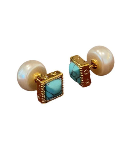 Chic Colorblock Copper Overgild Turquoise Pearl Stud Earrings