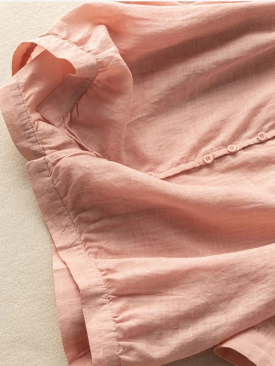 Pure Color V Neck 3/4 Sleeve Casual Linen Shirt Top