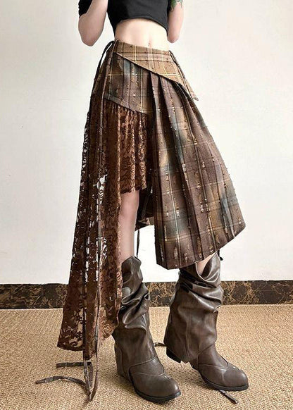 Chic Plaid Asymmetrical Lace Patchwork Cotton Skirt Summer
