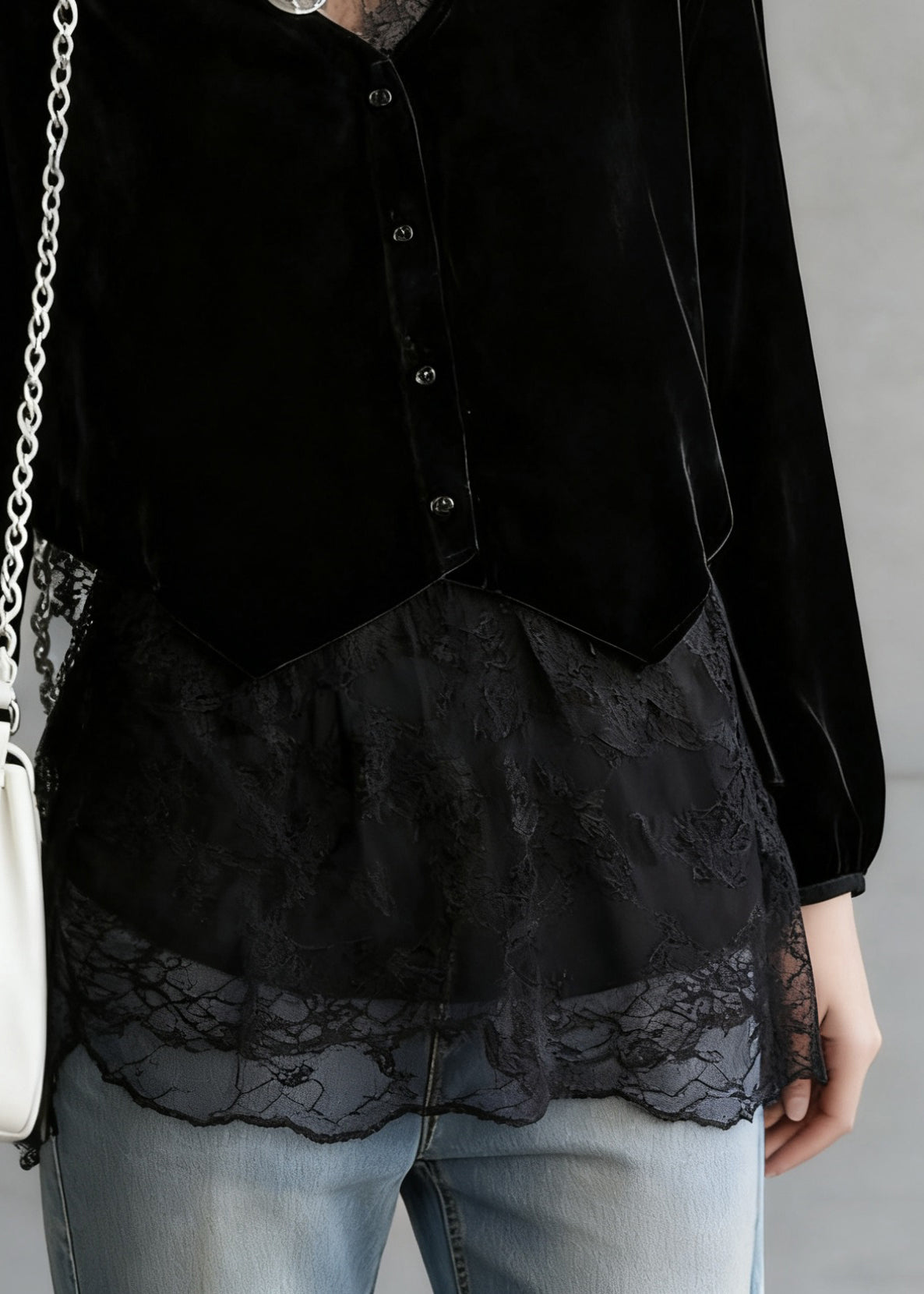 Elegant Black V Neck Lace Patchwork Velour Shirt Spring