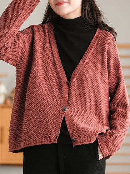 Women Winter Artsy Knitted Button Hemming Solid Sweater