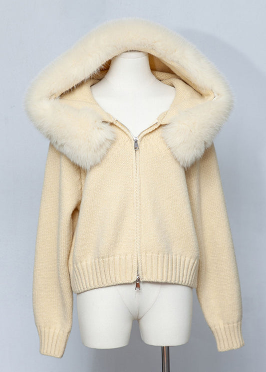 Fitted Yellow Fox Collar Zippered Patchwork Knit Coats Fall