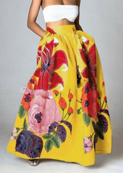 Bohemian White -Red Print High Waist Pockets Floral Print Cotton A Line Skirt Summer