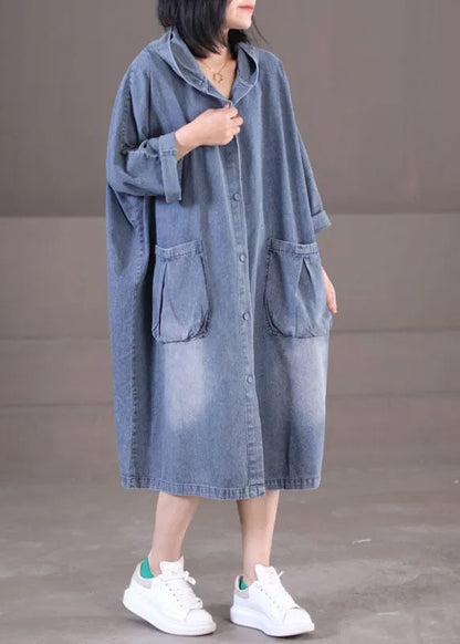Plus Size Denim Blue Hooded Pockets Cotton Long Dress Long Sleeve