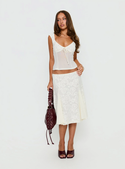 Gentle Style White Lace Patchwork Mesh Camisole Top + Midi Skirt Two-Piece Set