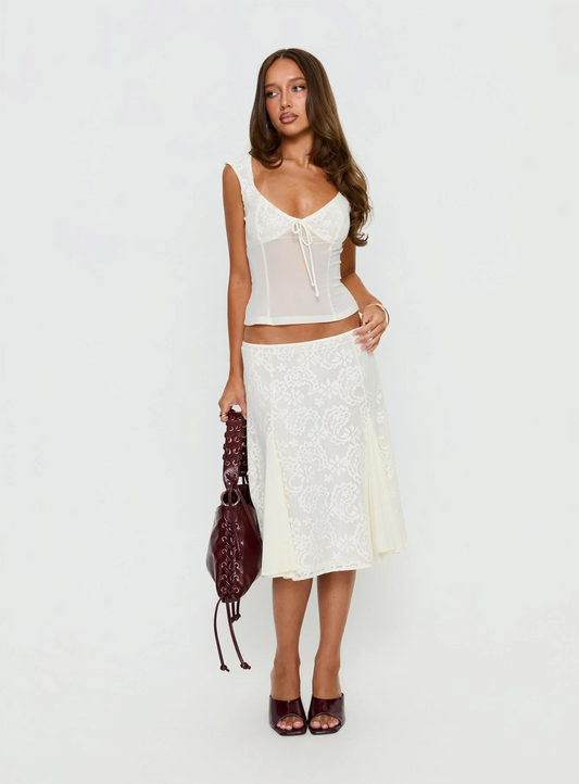 Gentle Style White Lace Patchwork Mesh Camisole Top + Midi Skirt Two-Piece Set