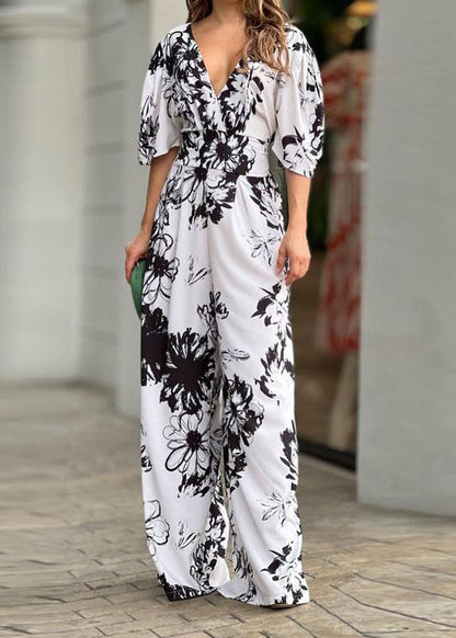 Women Yellow V Neck Print Cotton Jumpsuit Summer