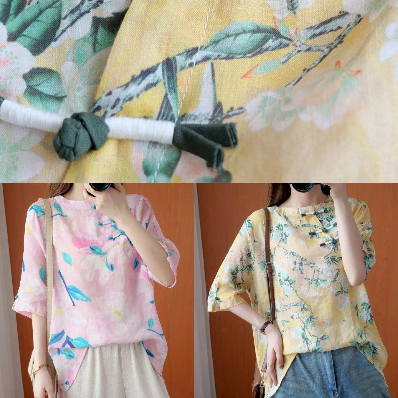 Natural yellow print tunic top o neck half sleeve Midi summer shirts