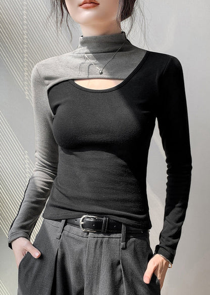 Slim Fit Red Hign Neck Hollow Out Patchwork Cotton T Shirt Top Fall