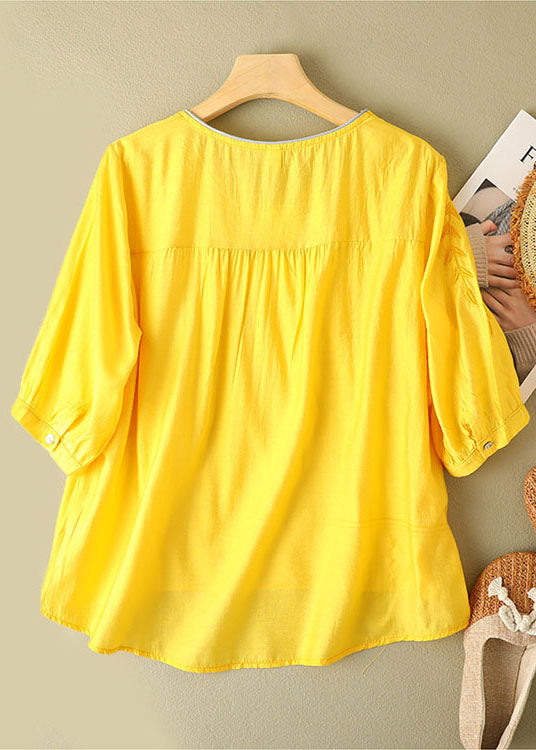 Plus Size Yellow Solid Color O-Neck Embroideried Linen Top Half Sleeve