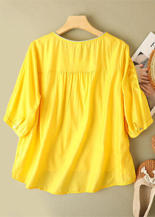 Plus Size Yellow Solid Color O-Neck Embroideried Linen Top Half Sleeve