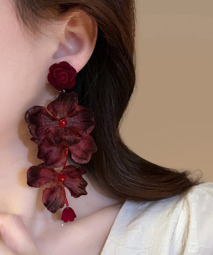 Chic Mulberry Fabric Resin Rose Tassel Drop Earrings